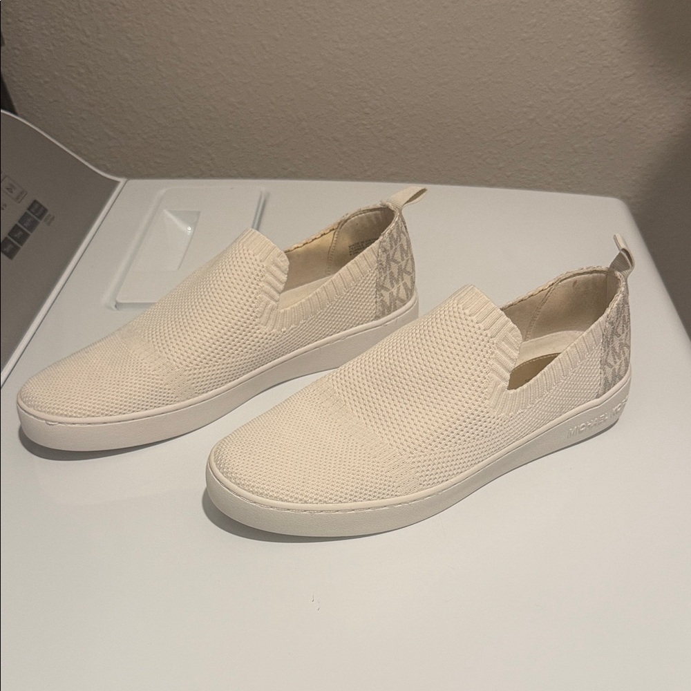 Michael Kors Neutral Knit Slip-On Sneakers with Logo Heel